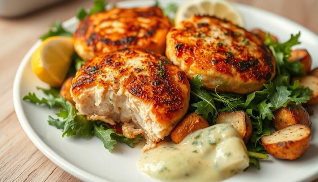 Delicious salmon patties with sides