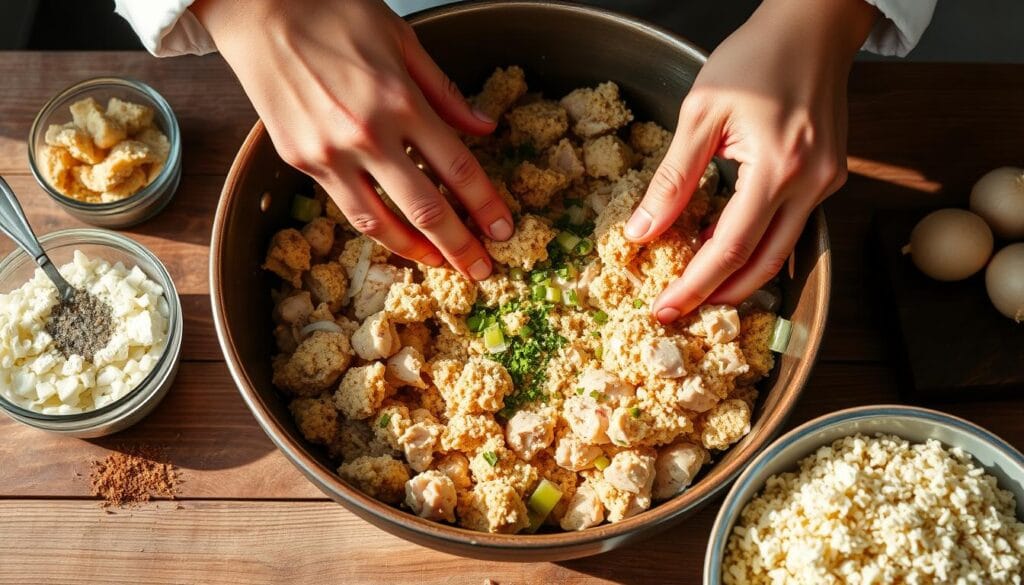 mixing chicken and dressing ingredients